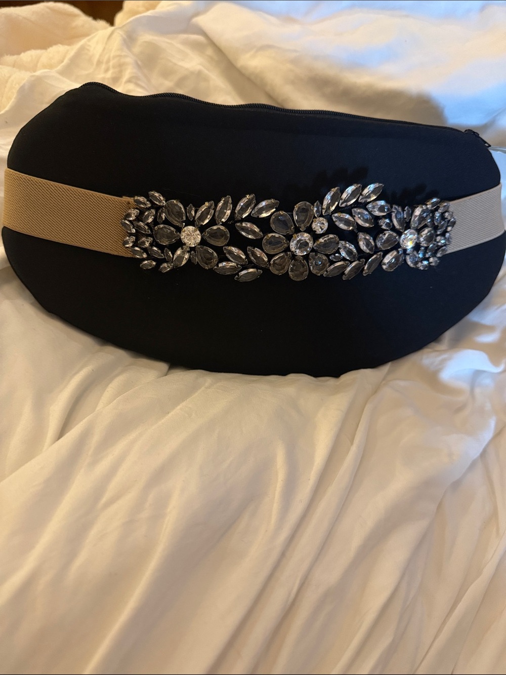 BCBGMaxAzria Black Belt with Beige Elastic and Crystal Embellishment